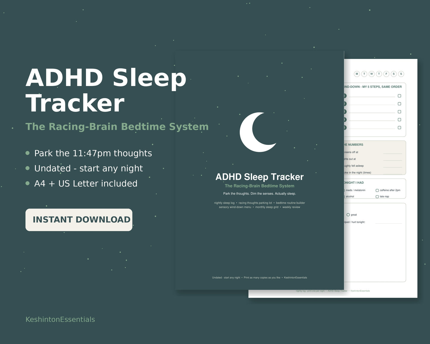 ADHD Sleep Tracker — Racing Thoughts & Bedtime Routine (Digital Download)