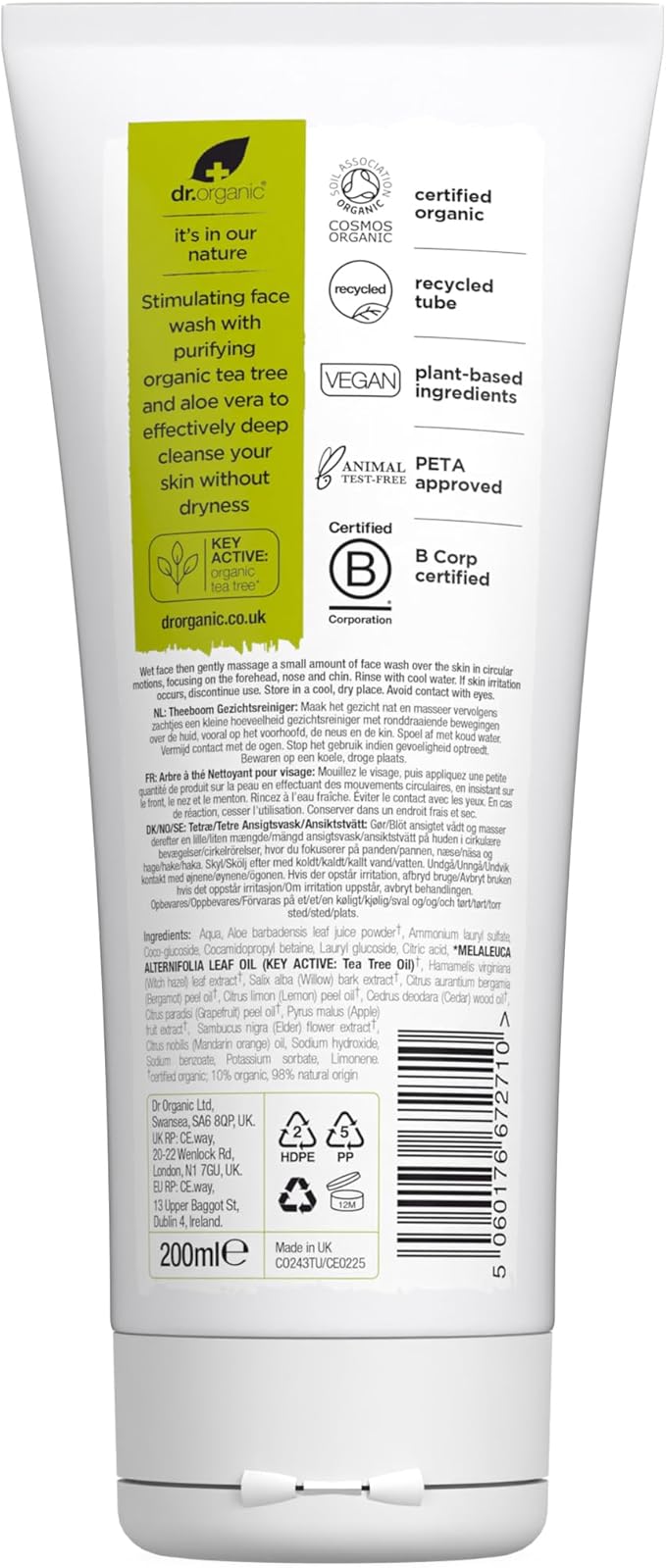 Dr Organic Tea Tree Face Wash 200ml ingredients and back of packaging
