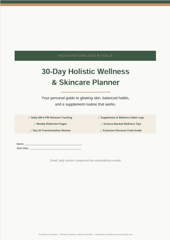30-Day Holistic Wellness and Skincare Planner digital download cover – Keshinton Essentials