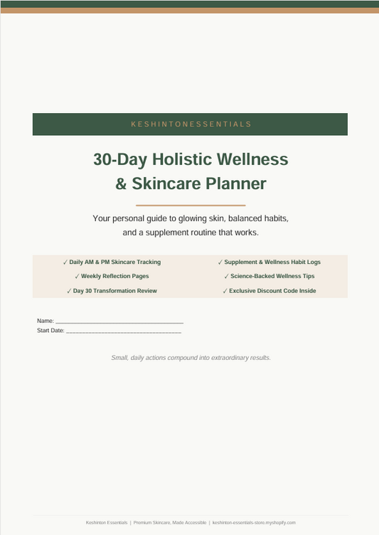 30-Day Holistic Wellness and Skincare Planner digital download cover – Keshinton Essentials