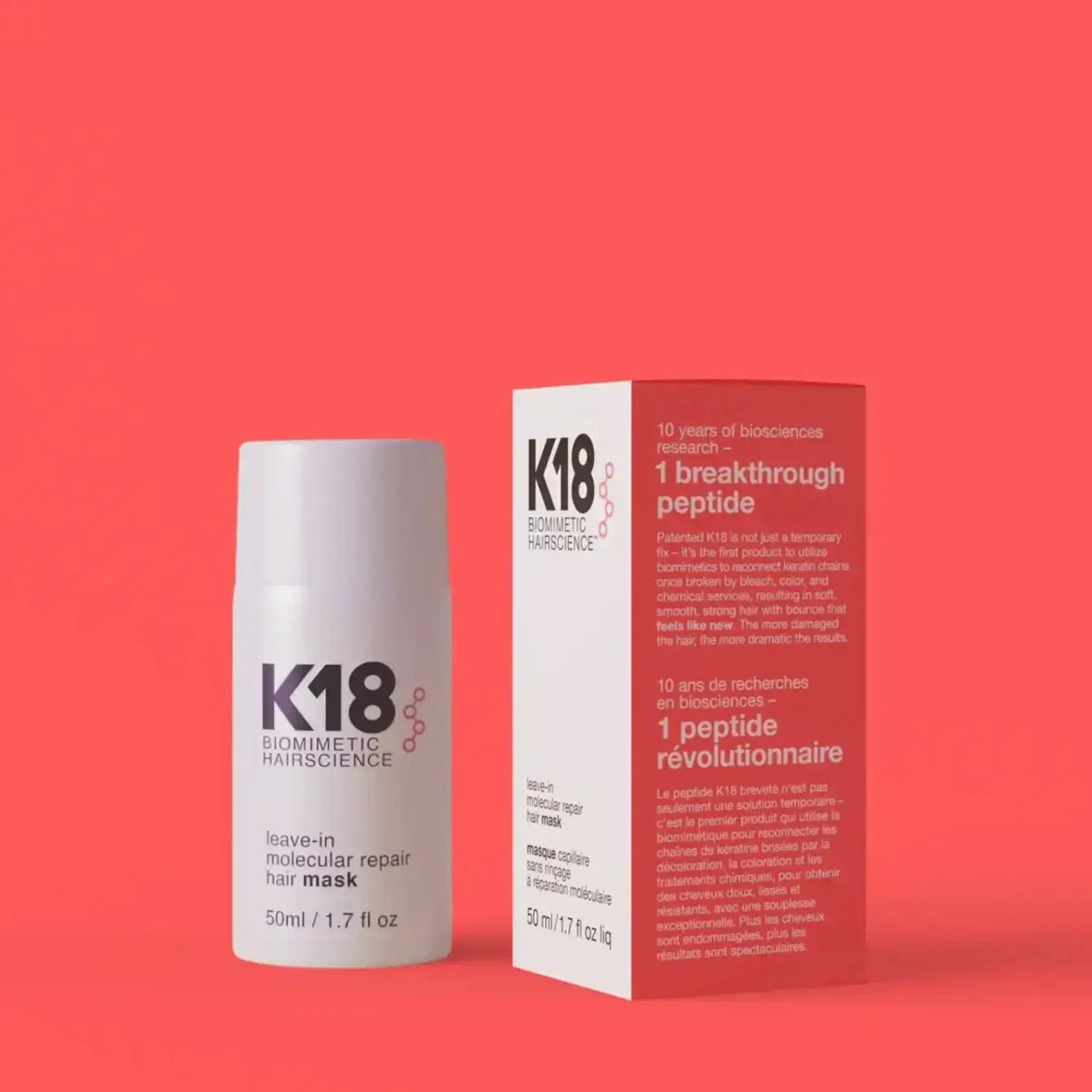 K18 Leave-In Molecular Repair Hair Mask 50ml - tube and box packaging on pink background