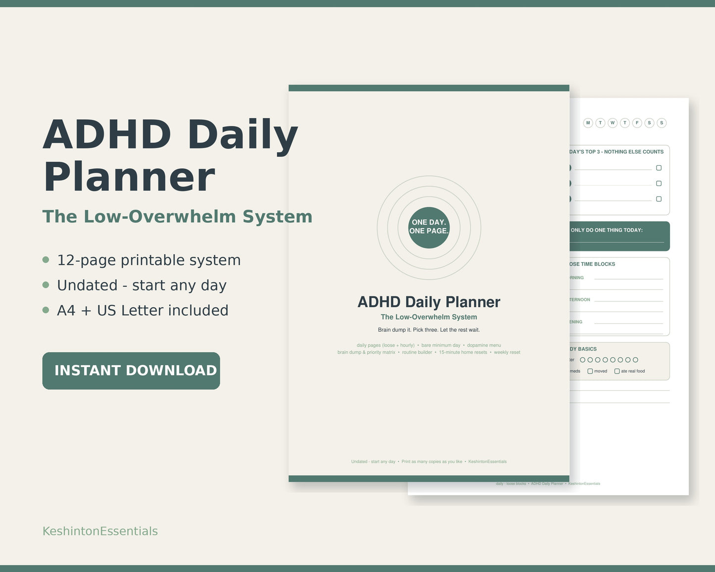 ADHD Daily Planner — Low-Overwhelm System (Digital Download)