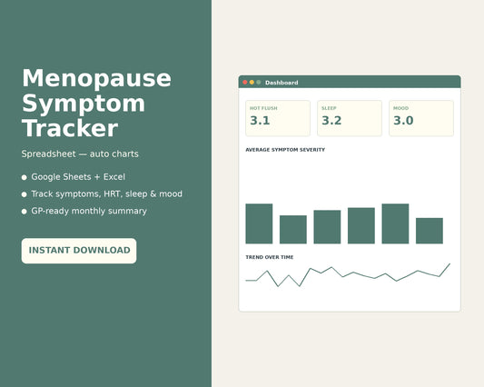 Menopause Symptom Tracker Spreadsheet — Auto Charts, HRT & Sleep Log (Digital Download)