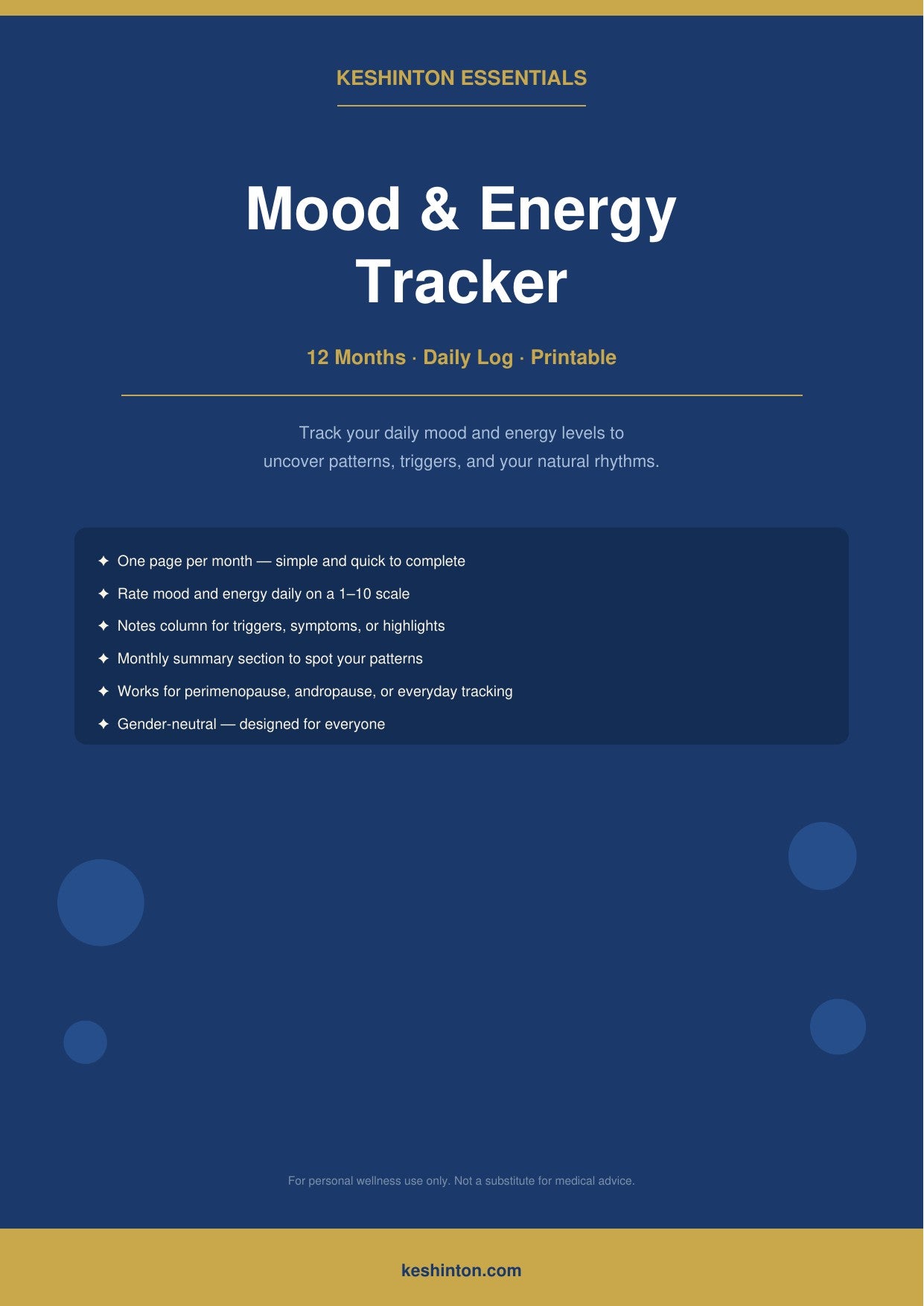 Mood & Energy Tracker Printable — Daily Wellness Journal (Digital Download)